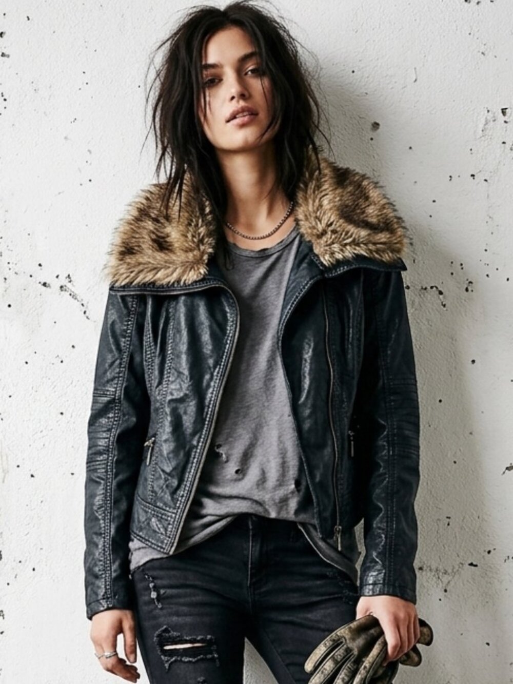 Xhiliration Jacket Teal Faux Leather Fur Moto Bike Grunge L